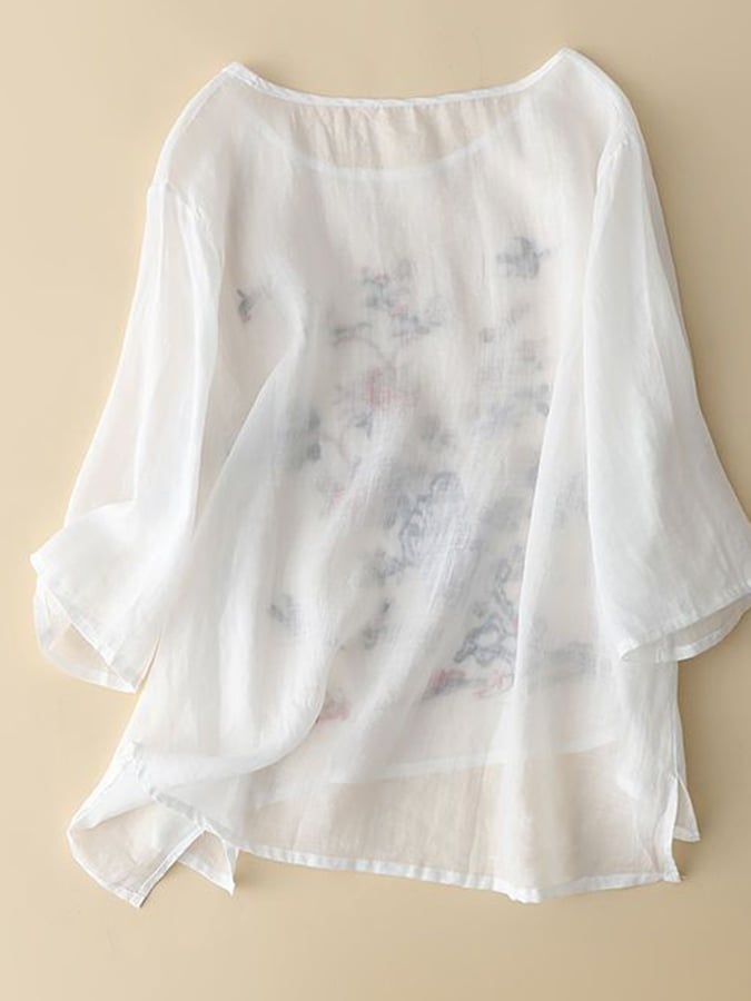 Lovevop Cotton Embroidered Loose Round Neck Quarter Sleeve Slimming Shirt