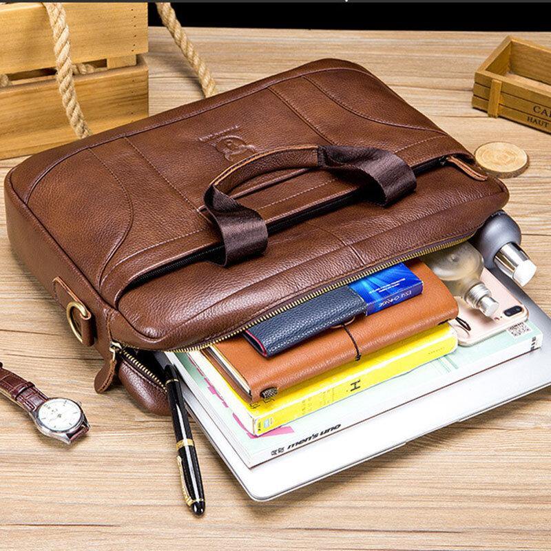 lovevop Men Genuine Leather Large Capacity 14 Inch Multifuntion Briefcase Laptop Messenger Bag Crossbody Bags Handbag