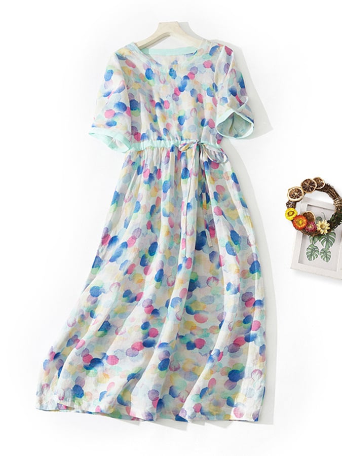 Lovevop Lace Up Waistband Polka Dot Printed Cotton Linen Dress