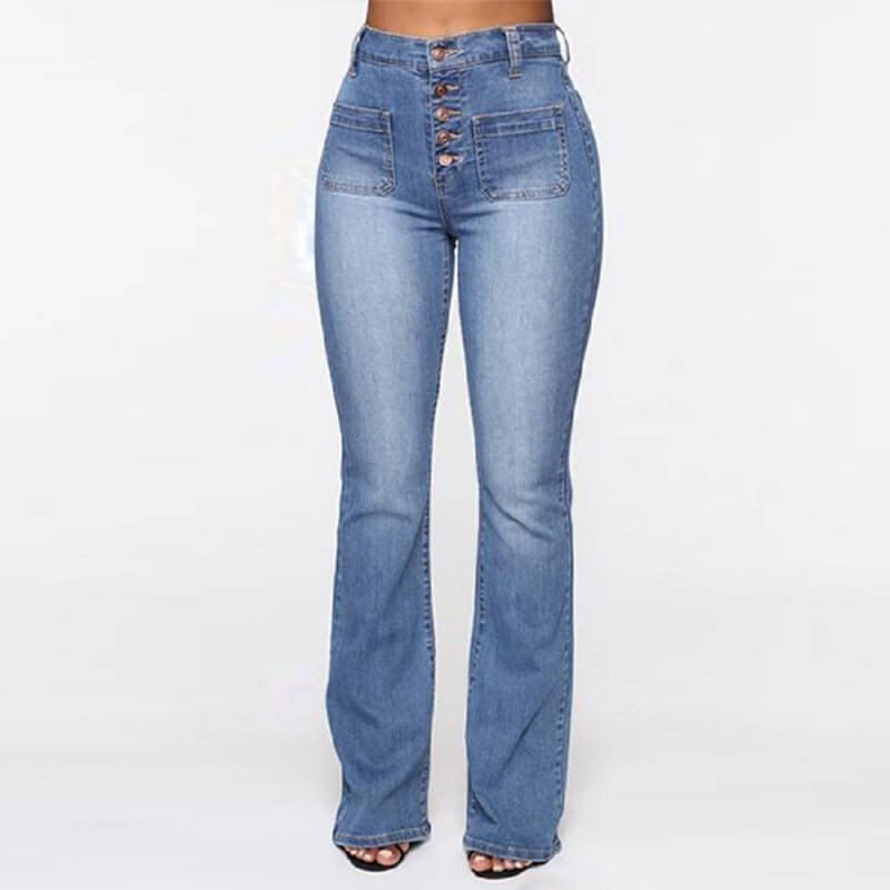 Ladies Jeans Buckle Patch Pocket Washed Trousers Jeans