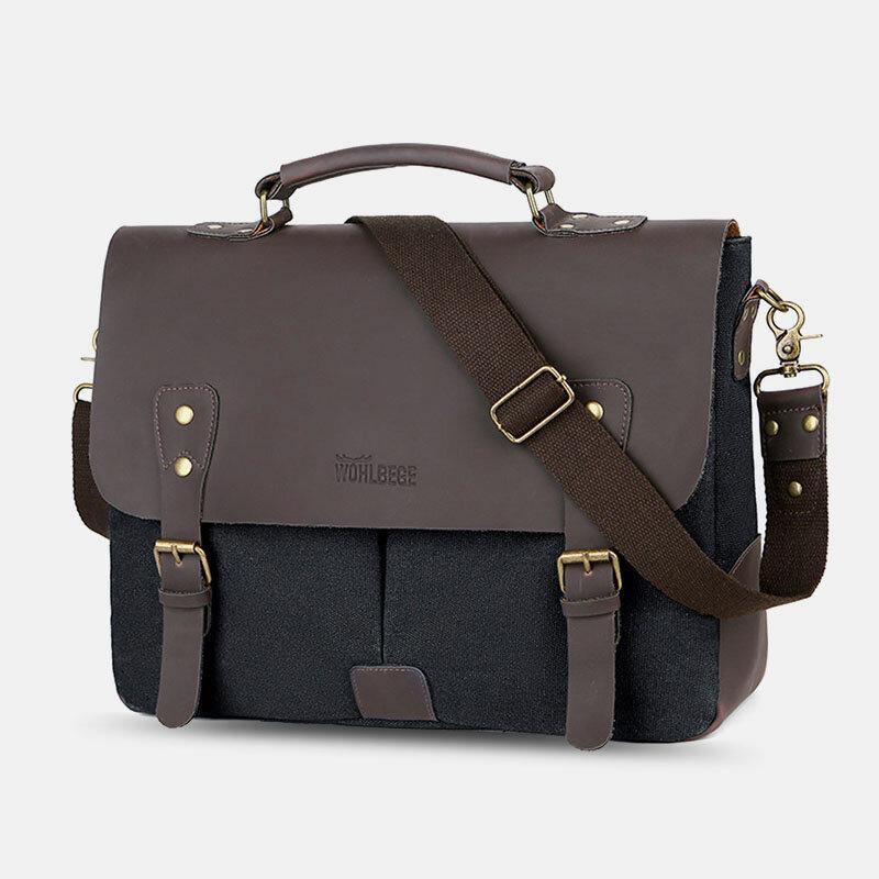 lovevop Men Canvas Large Capacity Cover Zipper Vintage Business Messenger Bag Laptop Bag Crossbody Bag Handbag