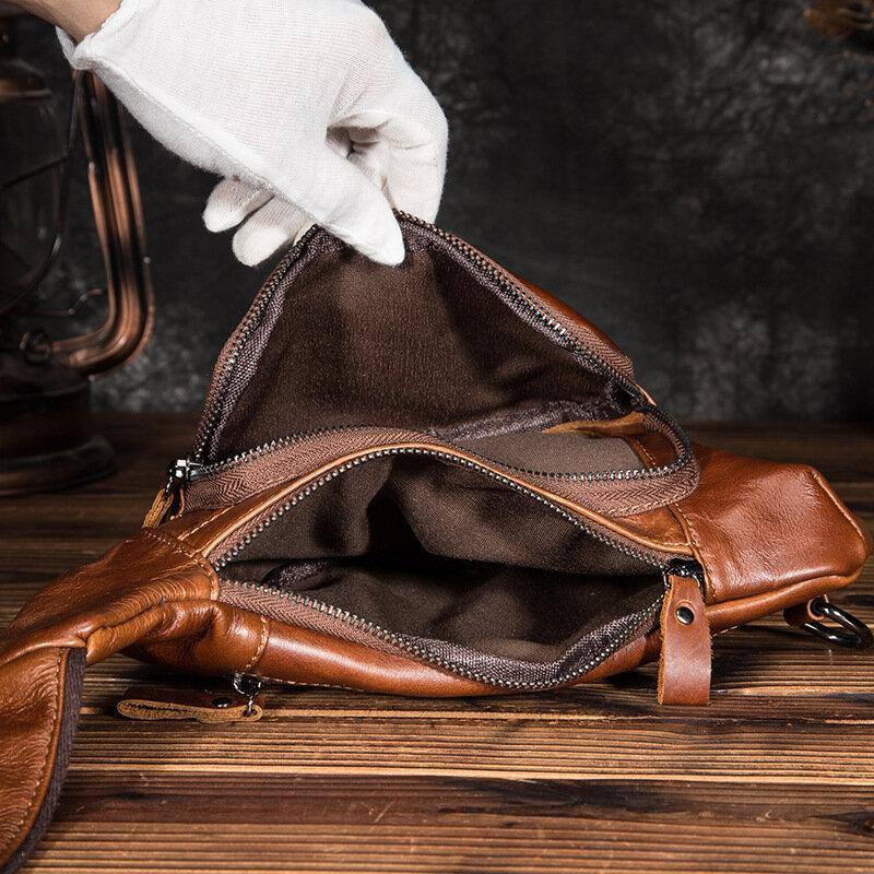 lovevop Men Genuine Leather Multi-Pocket Retro 9 Inch Large Capacity Waterproof Phone Chest Bags Crossbody Bag
