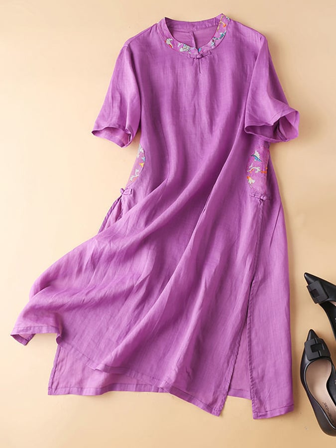 Lovevop Vintage Printed Standing Neck Short Sleeved Dress