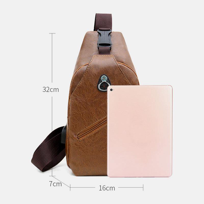 lovevop Men Faux Leather USB Charging Earphone Travel Retro Business Chest Bag Crossbody Bag