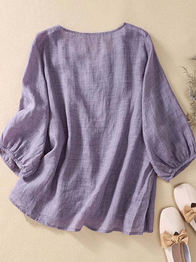 Lovevop Solid Color V-Neck Button Casual Top