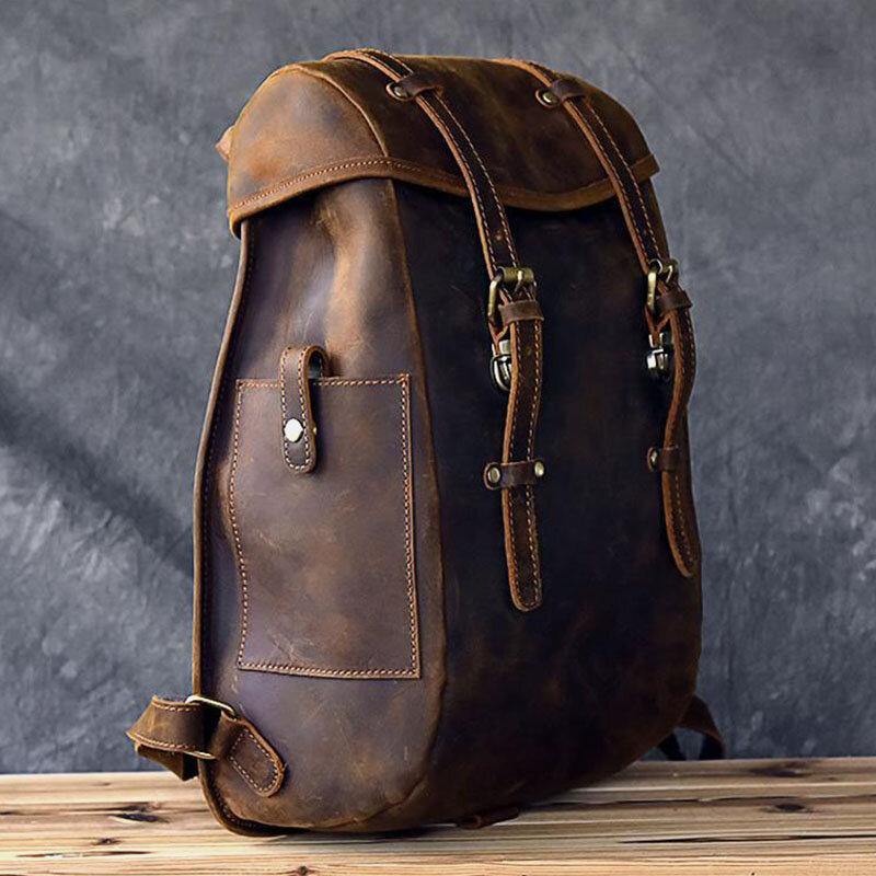lovevop Men PU Leather Contrast Color Vintage Business Outdoor Large Capacity 14 Inch Laptop Bag Backpack