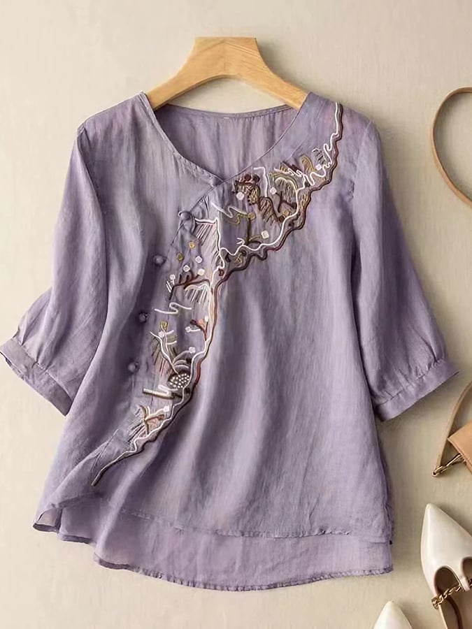 Lovevop Fashion Embroidered V-Neck Cotton Shirt