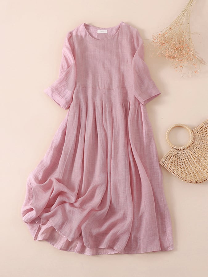 Lovevop Ramie Solid Loose Pleated Dress