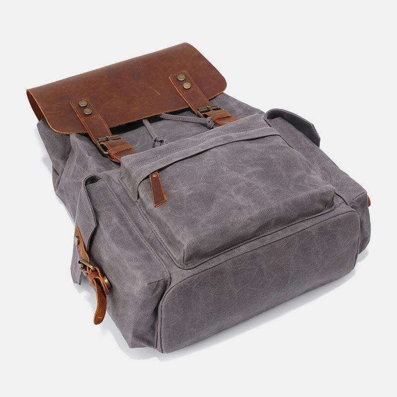 lovevop Men Canvas Genuine Leather Cowhide Retro Large Capacity 14 Inch Laptop Bag Waterproof Backpack