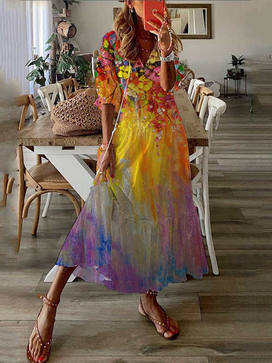 Women's Oil Painting Floral Print Long Dress