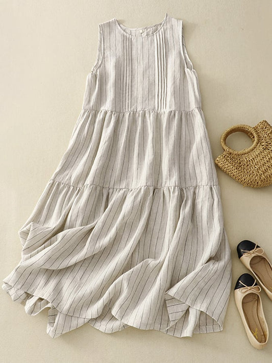 Lovevop Striped Sleeveless Pleated Patchwork Dress