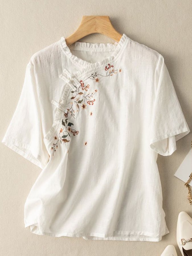 Lovevop Cotton Literary Artistic Retro Diagonal Placket Embroidered Shirt