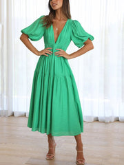 Women'S V-Neck Puff Sleeve Solid Color Layered Dress