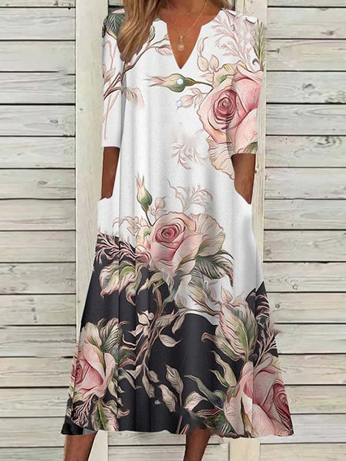 Printing Button In Middle Sleeve V -neck Dress