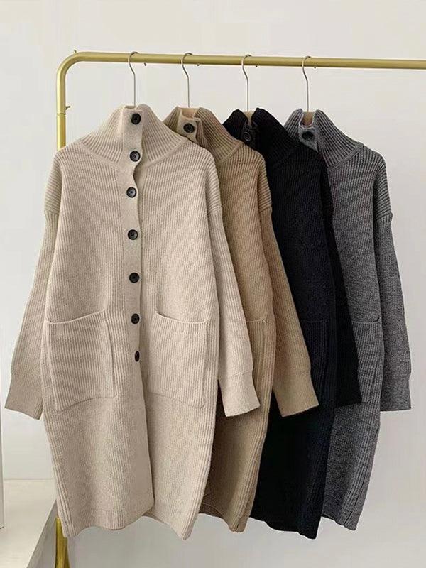 lovevop Solid Color Coat Mid Length Turtleneck Cardigan Sweater