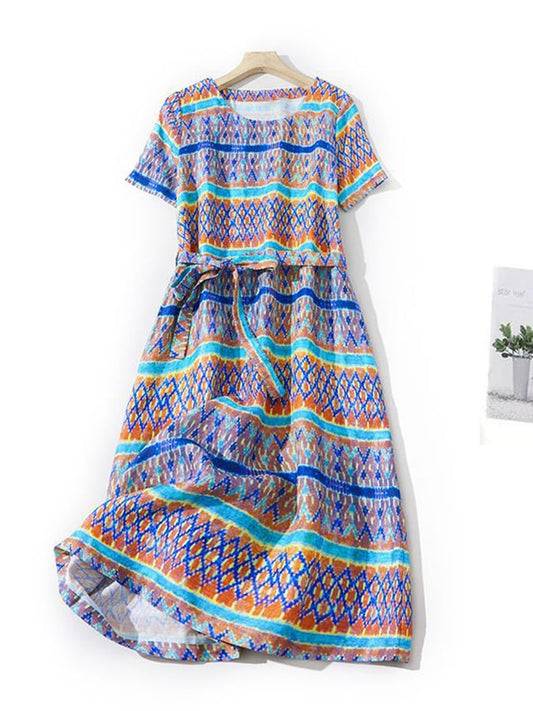 Lovevop Loose Artistic Printed Linen Round Neck Short Sleeved Dress