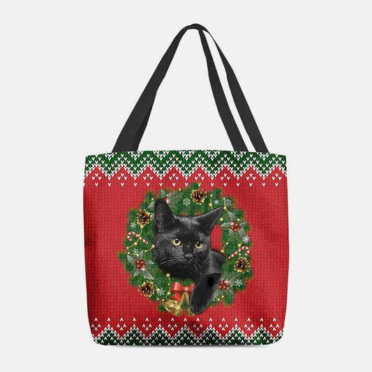lovevop Women Felt Cartoon Festive Classic Color Christmas Wreath Cat Pattern Shoulder Bag Handbag Tote