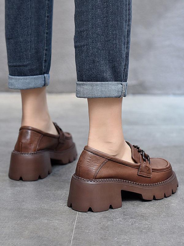 lovevop Vintage Black&Brown Solid Color Loafers Platform Shoes