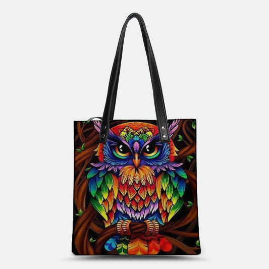 lovevop Color Owl Print Pattern Leather Tote Bag Sticker Shoulder Bag Handbag Tote With Built-in Small Bag