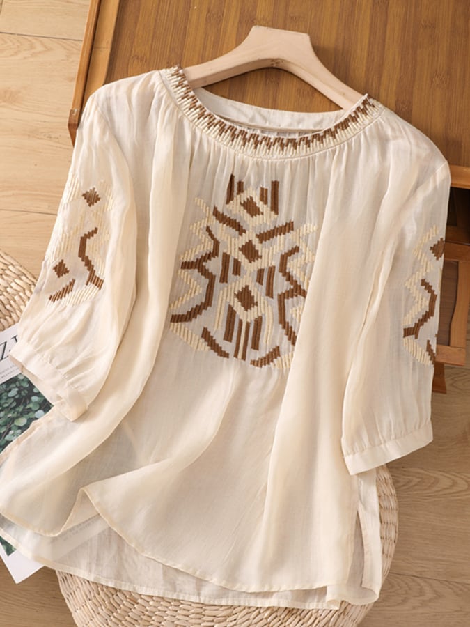 Lovevop Embroidered Round Neck Temperament Ladies Casual Shirt