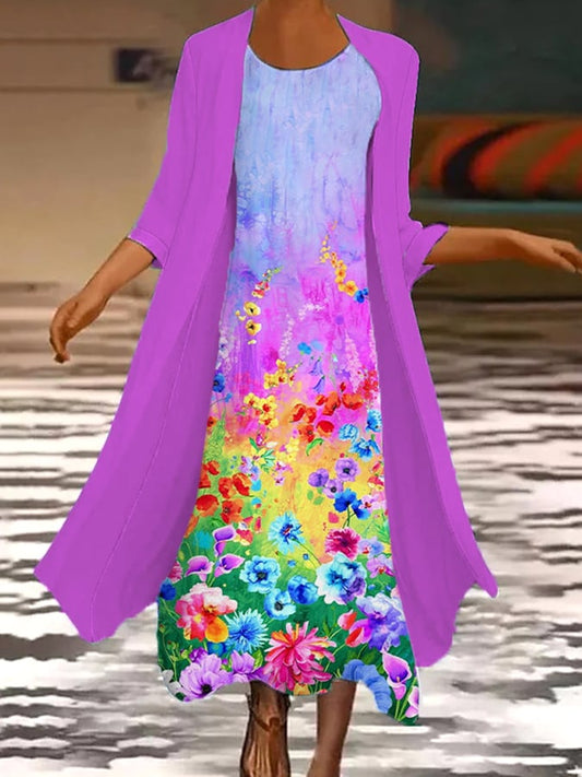 Women's Colorful Floral Print Vacation Dress Two-Piece Set