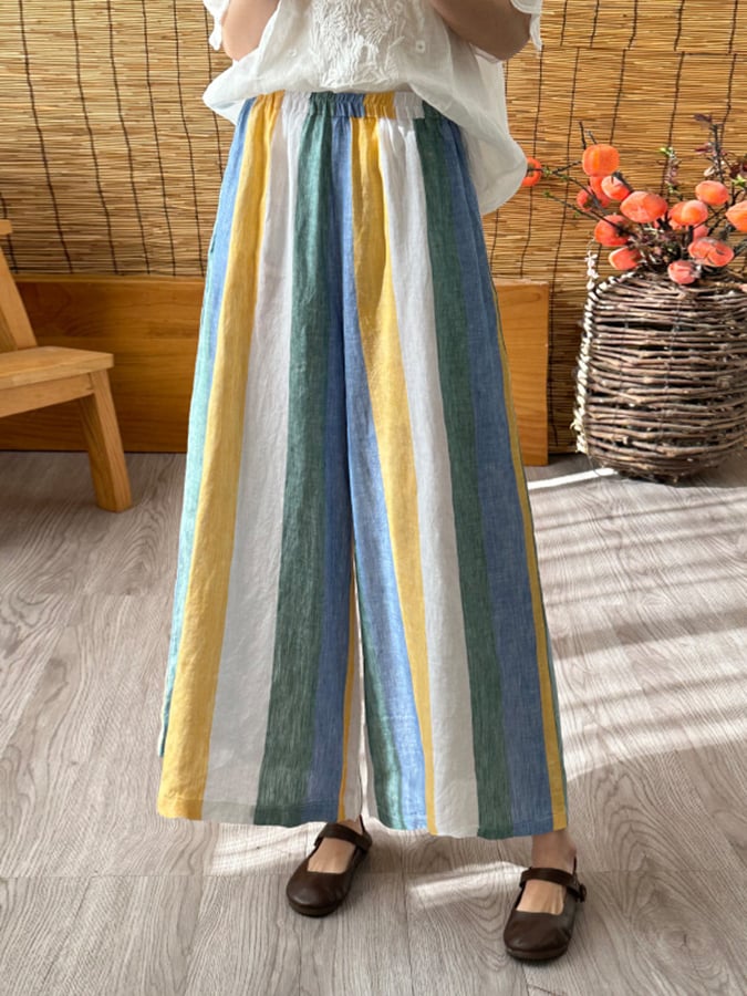 Lovevop Cotton Colorful Stripe Contrast Wide Leg Trousers