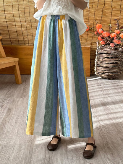 Lovevop Cotton Colorful Stripe Contrast Wide Leg Trousers