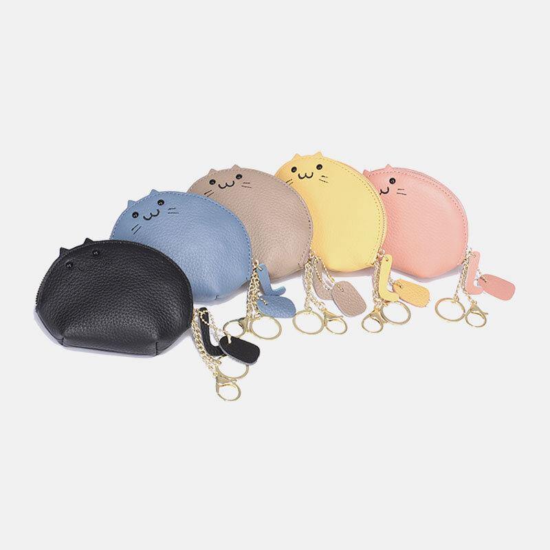 elvesmall Women Genuine Leather Casual Cute Animal Cat Pattern Mini Hanging Coin Bag Storage Bag