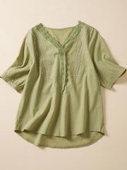 Lovevop Lace Trim V Neck Embroidered Temperament Casual Top