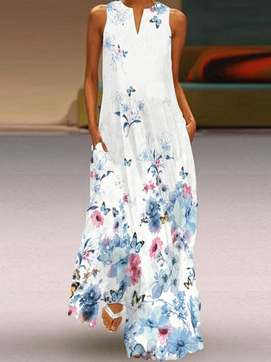 V Neck Sleeveless Butterfly Floral Print Long Dress