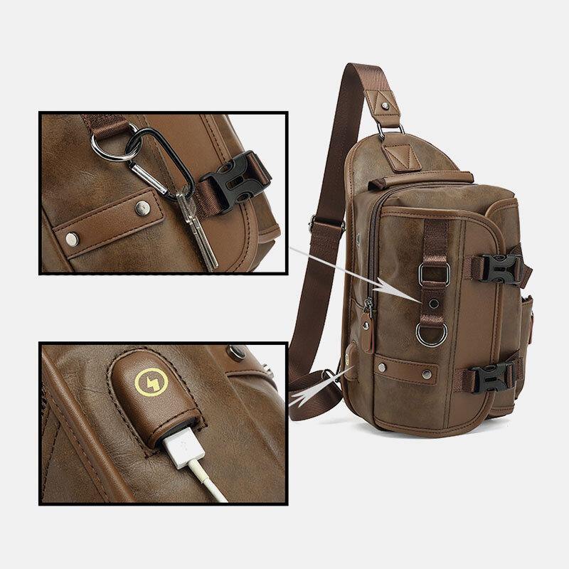 lovevop Men PU Leather Vintage Multifunction Earphone Hole USB Charging Crossbody Bag Chest Bag Sling Bag