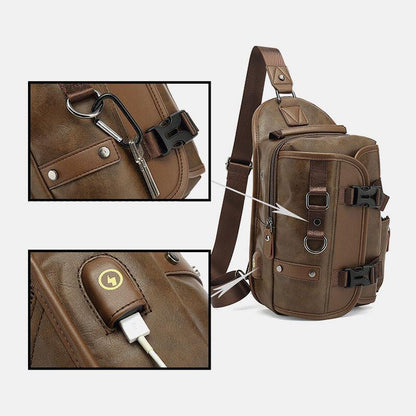 lovevop Men PU Leather Vintage Multifunction Earphone Hole USB Charging Crossbody Bag Chest Bag Sling Bag