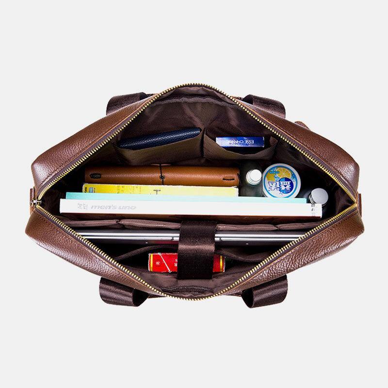 lovevop Men Genuine Leather Large Capacity 14 Inch Multifuntion Briefcase Laptop Messenger Bag Crossbody Bags Handbag