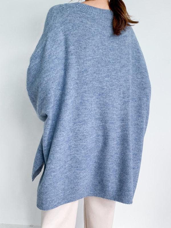 lovevop Stretch Mohair-Blend Balloon Sleeves Loose Solid Round-Neck Sweater Tops