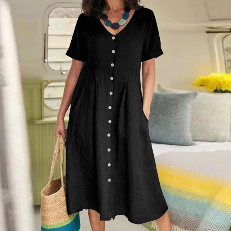 Solid colour loose high waist cotton linen dress