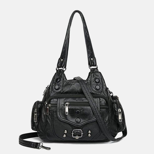 lovevop Women PU Leather Large Capacity Multi-pocket Rivet Decoration Retro Soft Tote Handbags Crossbody Bags