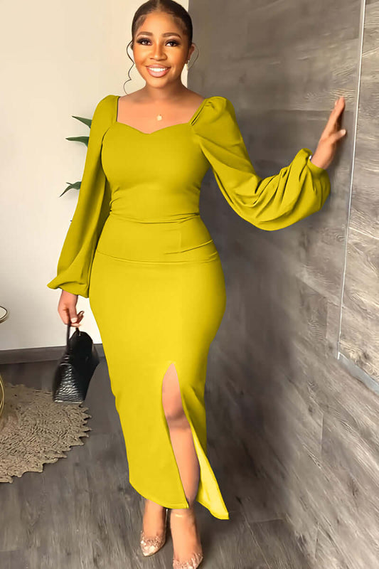 Long Sleeve Square Neck Slit Maxi Dresses