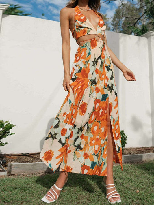 Women'S V-Neck Halter Neck Open Back Hem Slit Long Dress