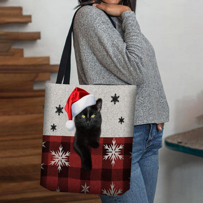 lovevop Women Felt Cute Cartoon Festive Christmas Dressed Cat Snowflake Pattern Shoulder Bag Handbag Tote