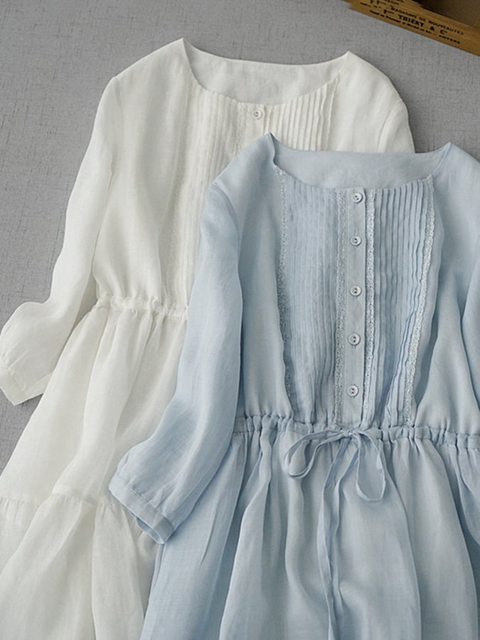 Lovevop Cotton Linen Shirt Accordion Dress