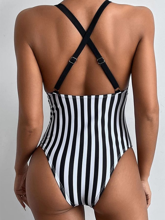 Metal Buckle Striped Print Swimsuit