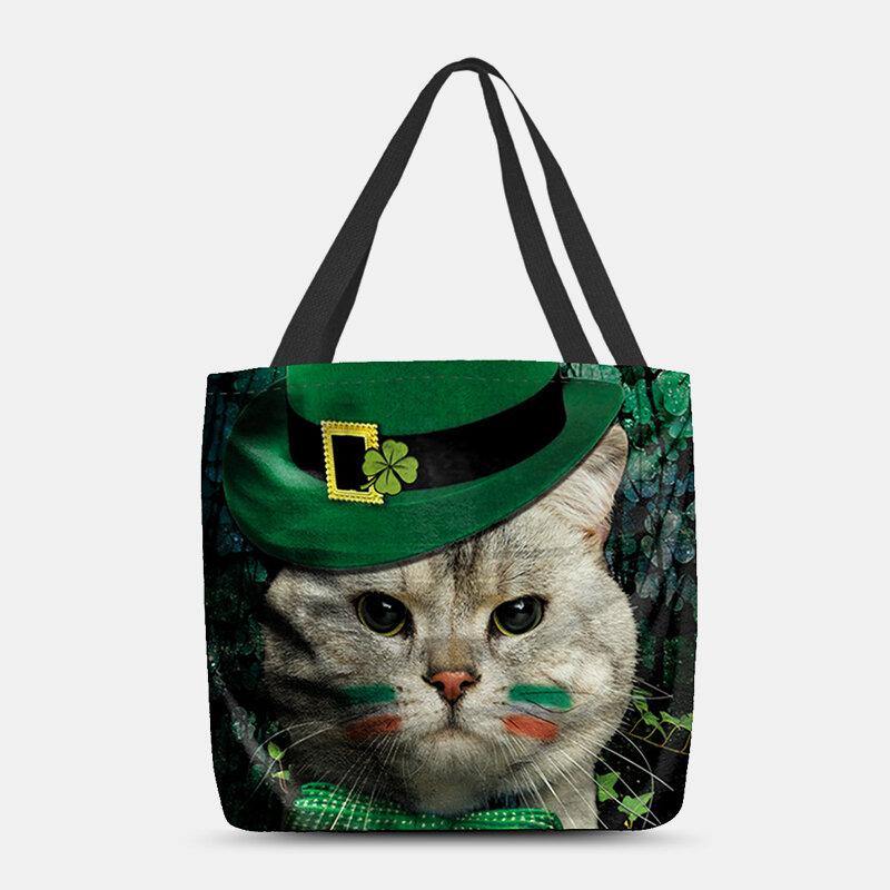 lovevop Women Clover Cat Pattern Print Happy St Patrick Day Shoulder Bag Handbag Tote