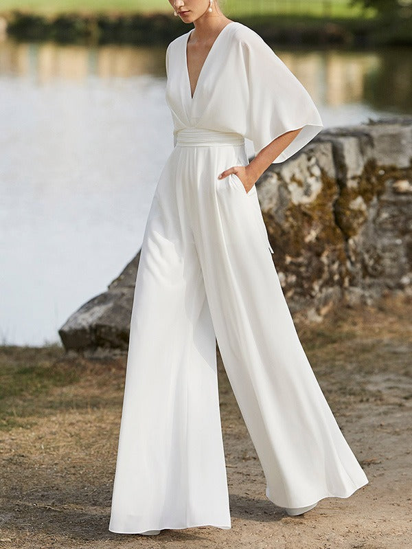 Love-vop - Simple Solid Color V-Neck Half Sleeves Wide Leg Jumpsuits