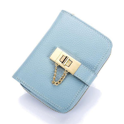 elvesmall Women Genuine Leather Zipper Card Holder Chain Lock Short Purse Wallets