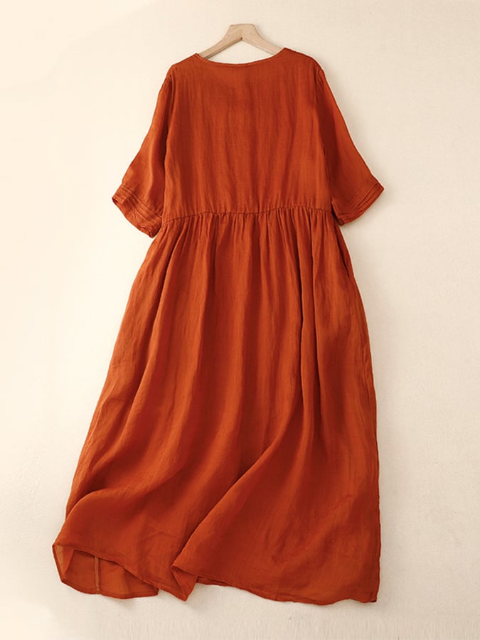 Lovevop Vintage Cotton And Linen Organ Pleated V-neck Short Sleeve Dress