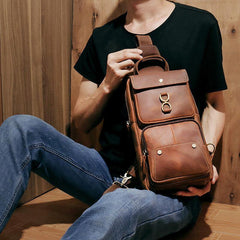 lovevop Men Genuine Leather Cowhide Retro Fashion Chest Bag Crossbody Bag Sling Bag