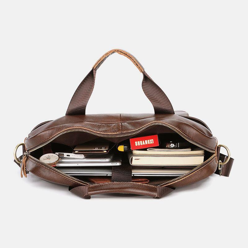 lovevop Men Genuine Leather Multi-pocket Vintage 14 Inch Laptop Bag Briefcases Crossbody Bag Shoulder Bag Handbag