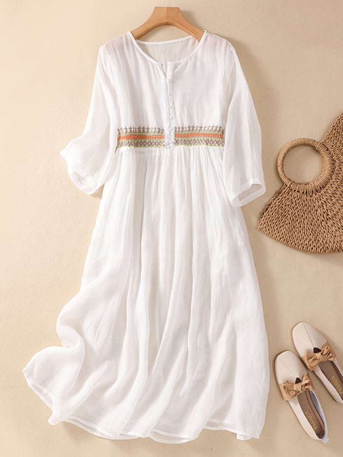 Cotton And Linen Patchwork Embroidered Dress