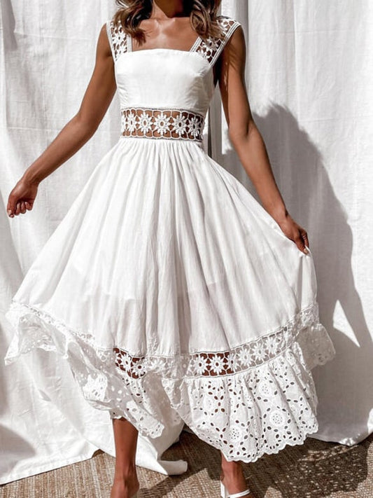 Fashion Lace Sleeveless Stitching Swing Long Dress