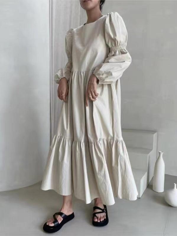 lovevop French Pleated Long Puff Sleeve Loose Long Dress